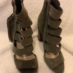 GUESS fringe stacked sandal heels